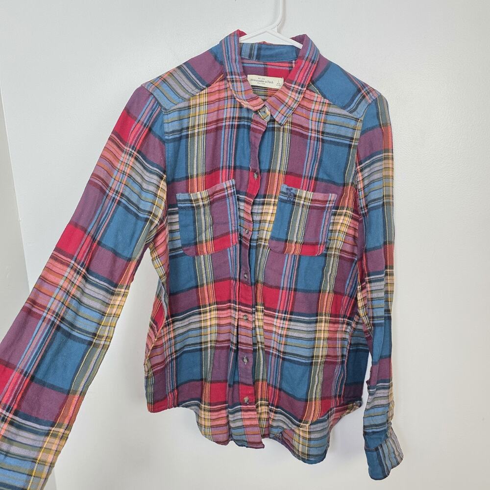 Abercrombie & Fitch Red Blue Plaid Flannel Classic Button Up Shirt Size Large‎ - Picture 2 of 5